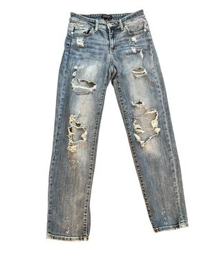 Judy Blue Distressed Jeans 5/27 Slim Straight Stretch Mid Rise Medium Wash